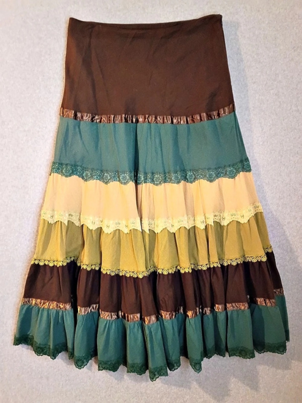 Méchant Tiered Color Block Maxi Skirt in Brown & Green Size Large